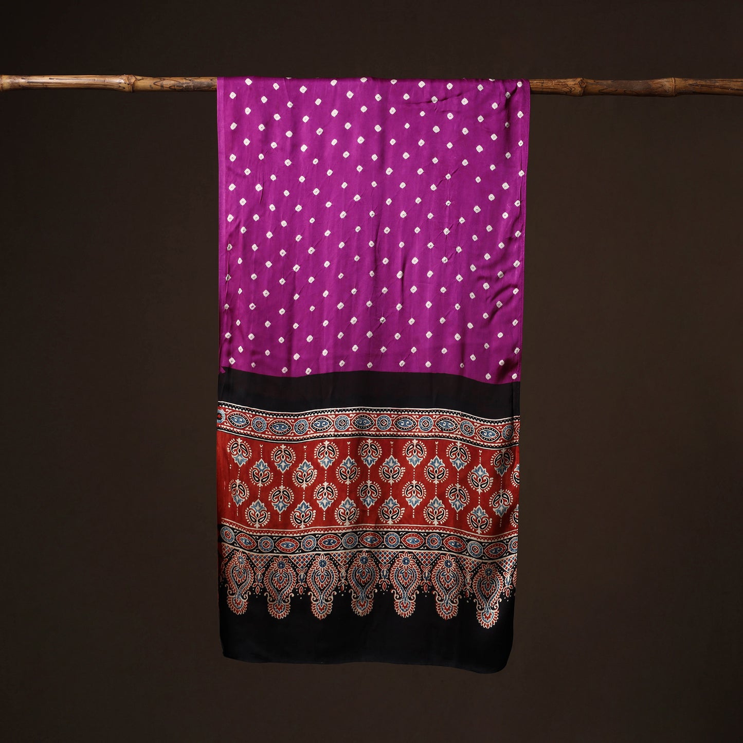 Kutch Bandhani Tie-Dye Ajrakh Block Print Modal Silk Stole 01