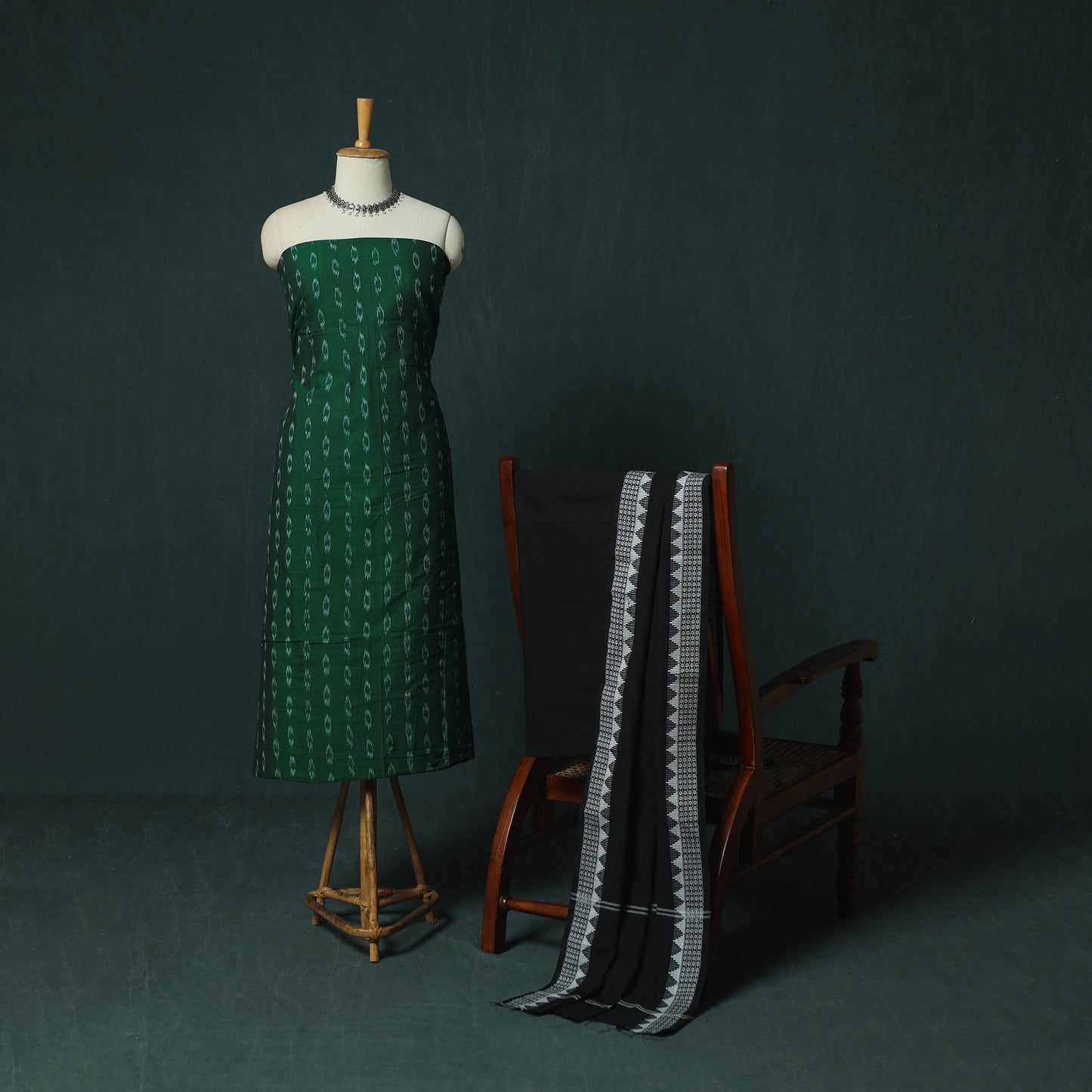 Green - Sambalpuri Ikat Cotton 3pc Unstitched Dress Material Suit Set 30
