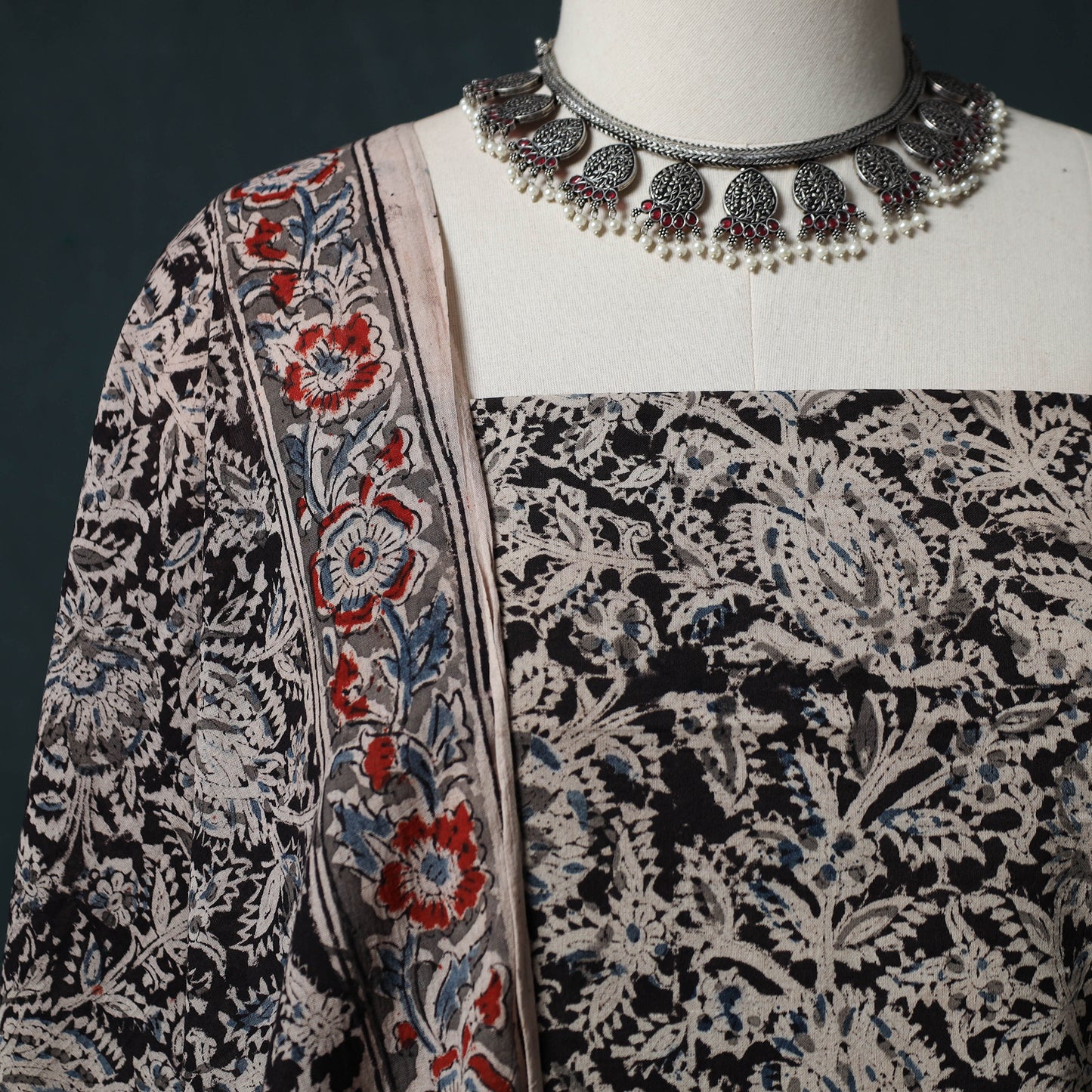 Pedana Hand Block Print Natural Dyed Cotton Kalamkari 2pc Unstitched Dress Material Kurta Set 07