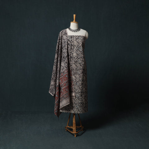 Black - Pedana Hand Block Print Natural Dyed Cotton Kalamkari 2pc Unstitched Dress Material Kurta Set 08