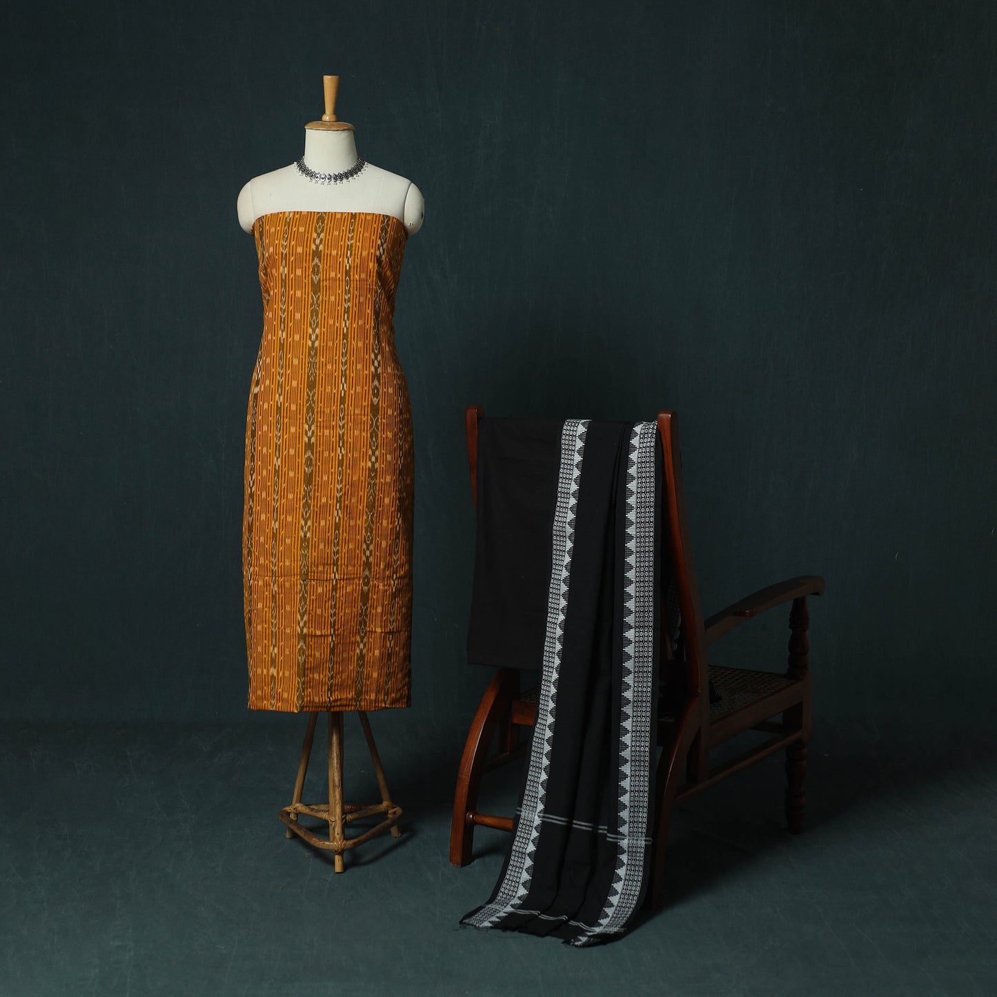 Yellow - Sambalpuri Ikat Cotton 3pc Unstitched Dress Material Suit Set 33