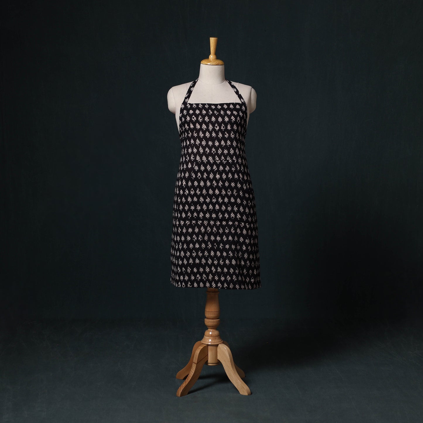 Black - Bagh Hand Block Print Cotton Apron with Pocket 06