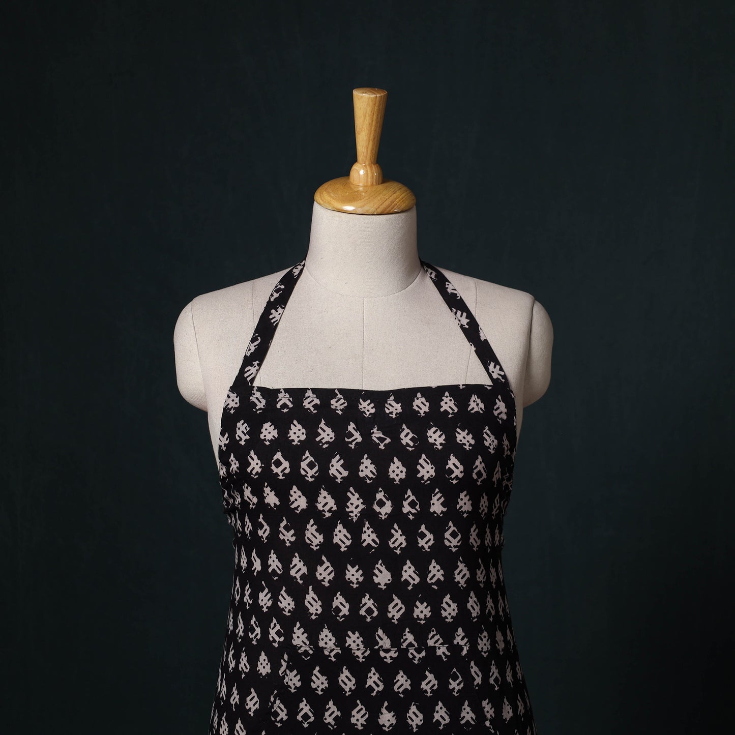 Black - Bagh Hand Block Print Cotton Apron with Pocket 06