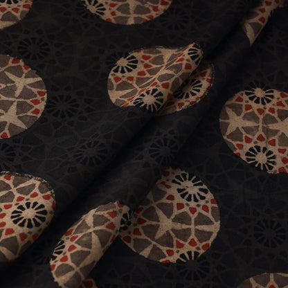 Black - Beige Floral Circled Sufiyan Khatri Special Ajrakh Block Printed Natural Dyed Cotton Fabric 16