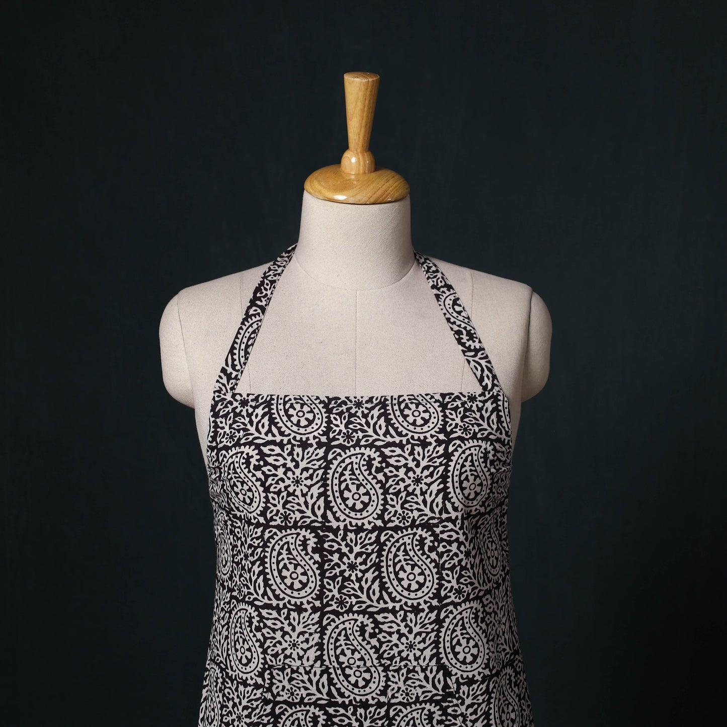 Black - Bagh Hand Block Print Cotton Apron with Pocket 07