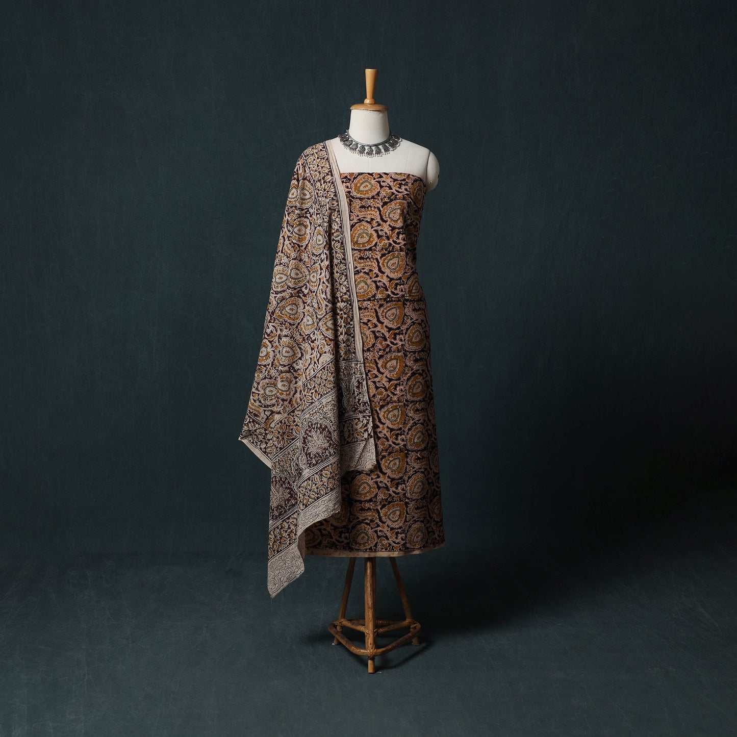 Pedana Hand Block Print Natural Dyed Cotton Kalamkari 2pc Unstitched Dress Material Kurta Set 14