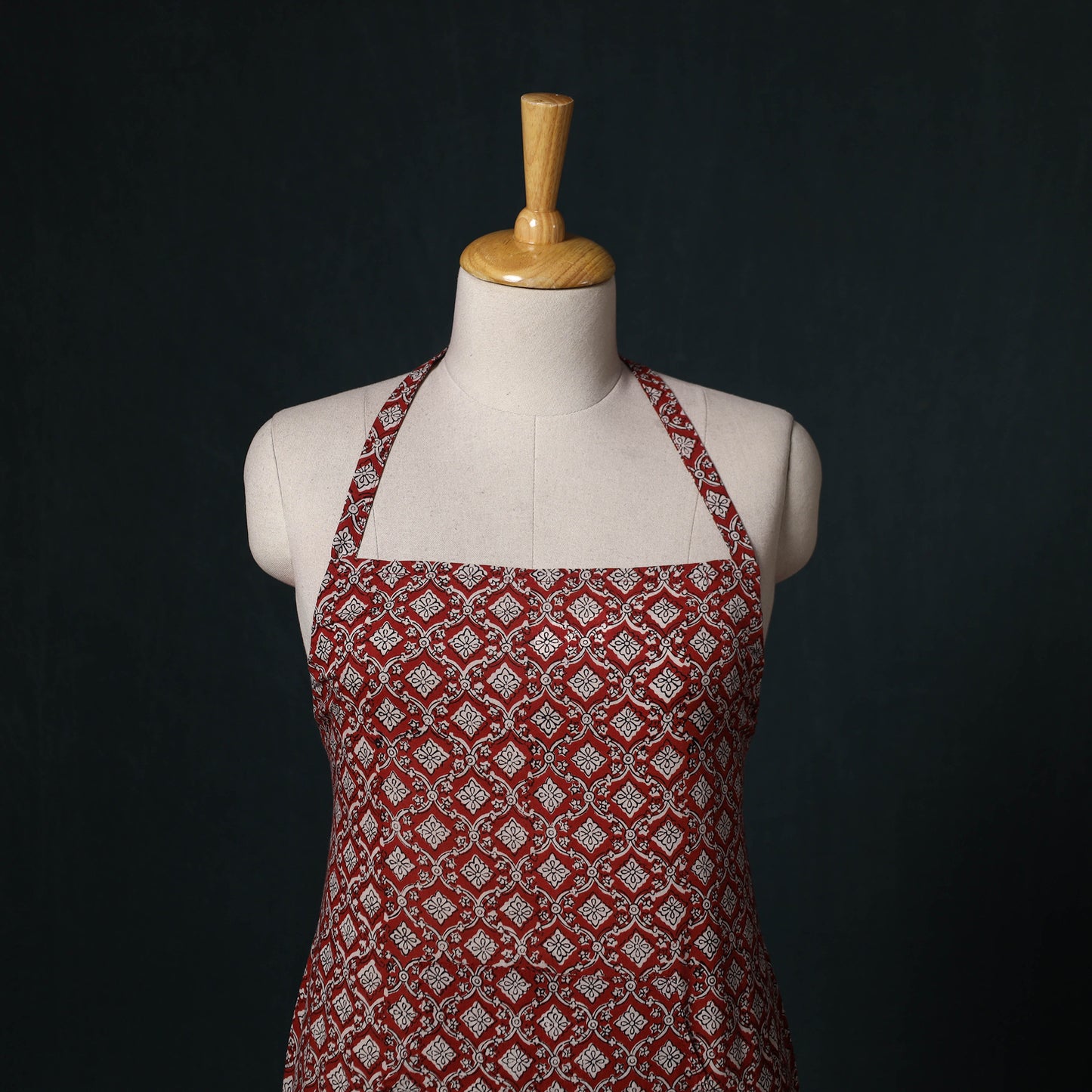 Red - Bagh Hand Block Print Cotton Apron with Pocket 09