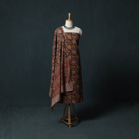 Brown - Pedana Hand Block Print Natural Dyed Cotton Kalamkari 2pc Unstitched Dress Material Kurta Set 16