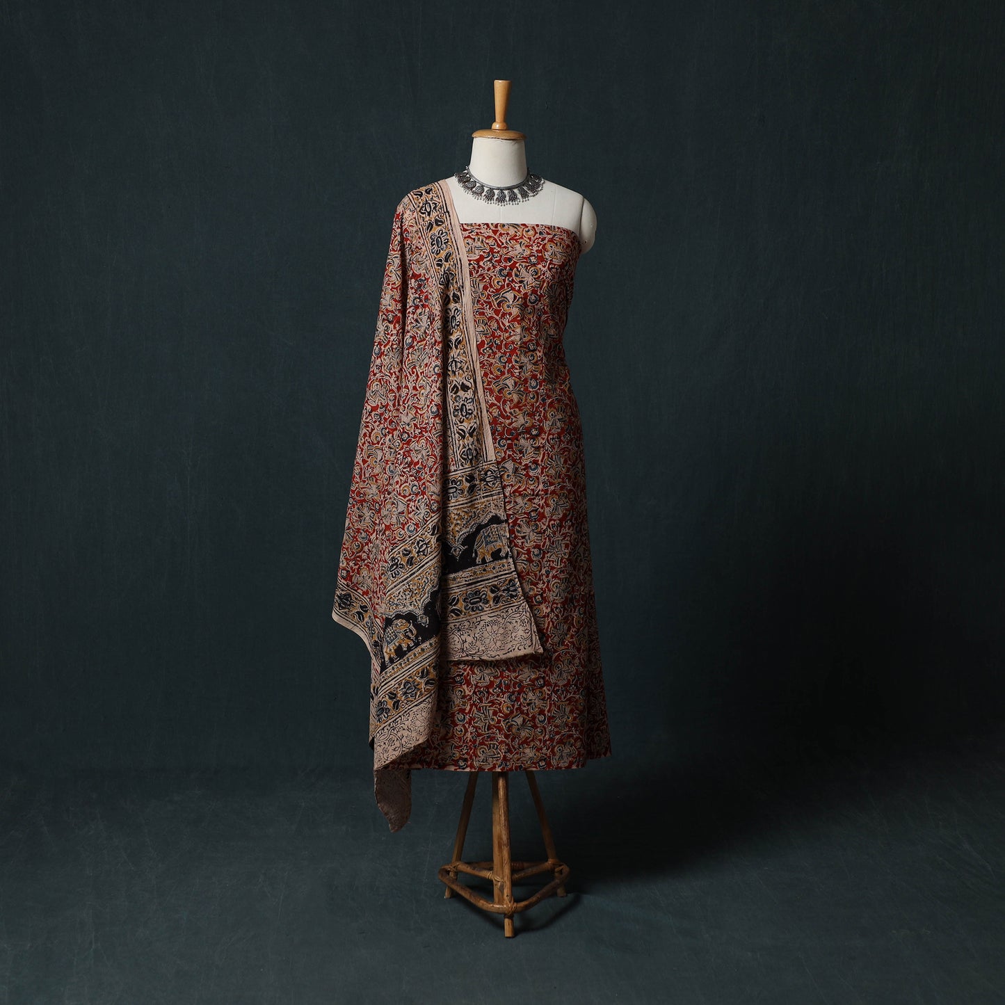 Pedana Hand Block Print Natural Dyed Cotton Kalamkari 2pc Unstitched Dress Material Kurta Set 17