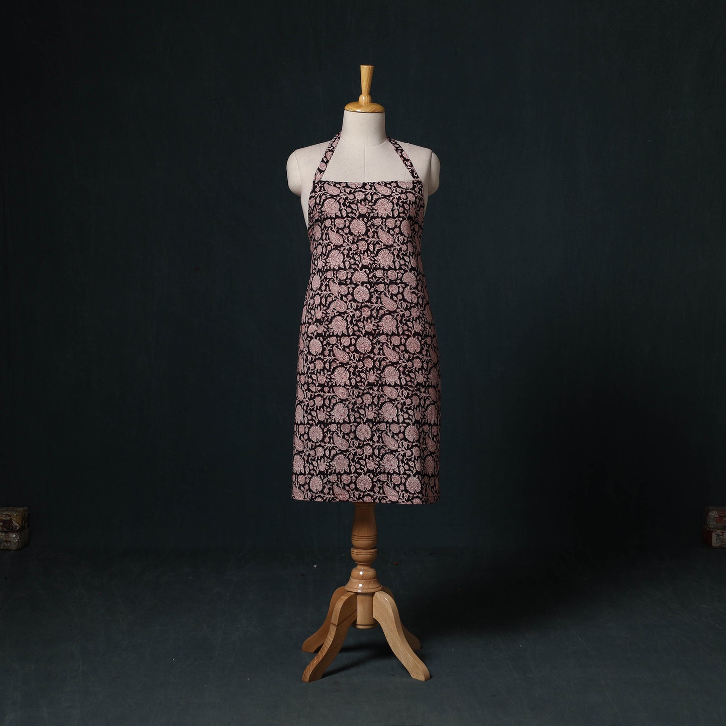 Black - Bagh Hand Block Print Cotton Apron with Pocket 14