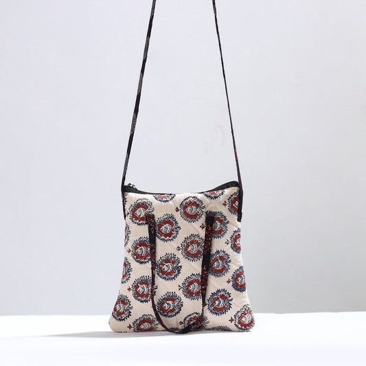 White - Handmade Quilted Cotton Ajrakh Block Printed Sling Bag 01