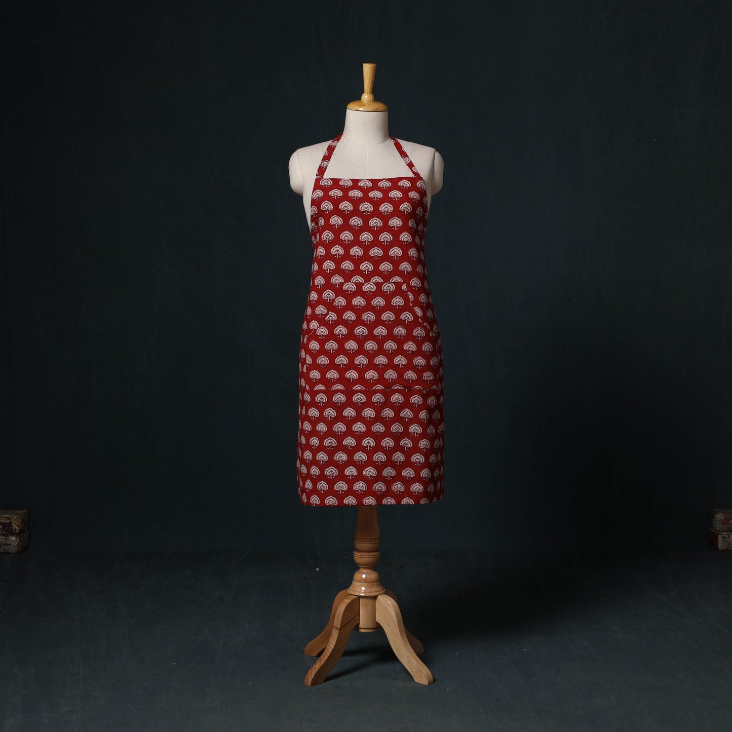 Red - Bagh Hand Block Print Cotton Apron with Pocket 15