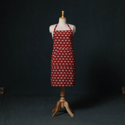 Red - Bagh Hand Block Print Cotton Apron with Pocket 15