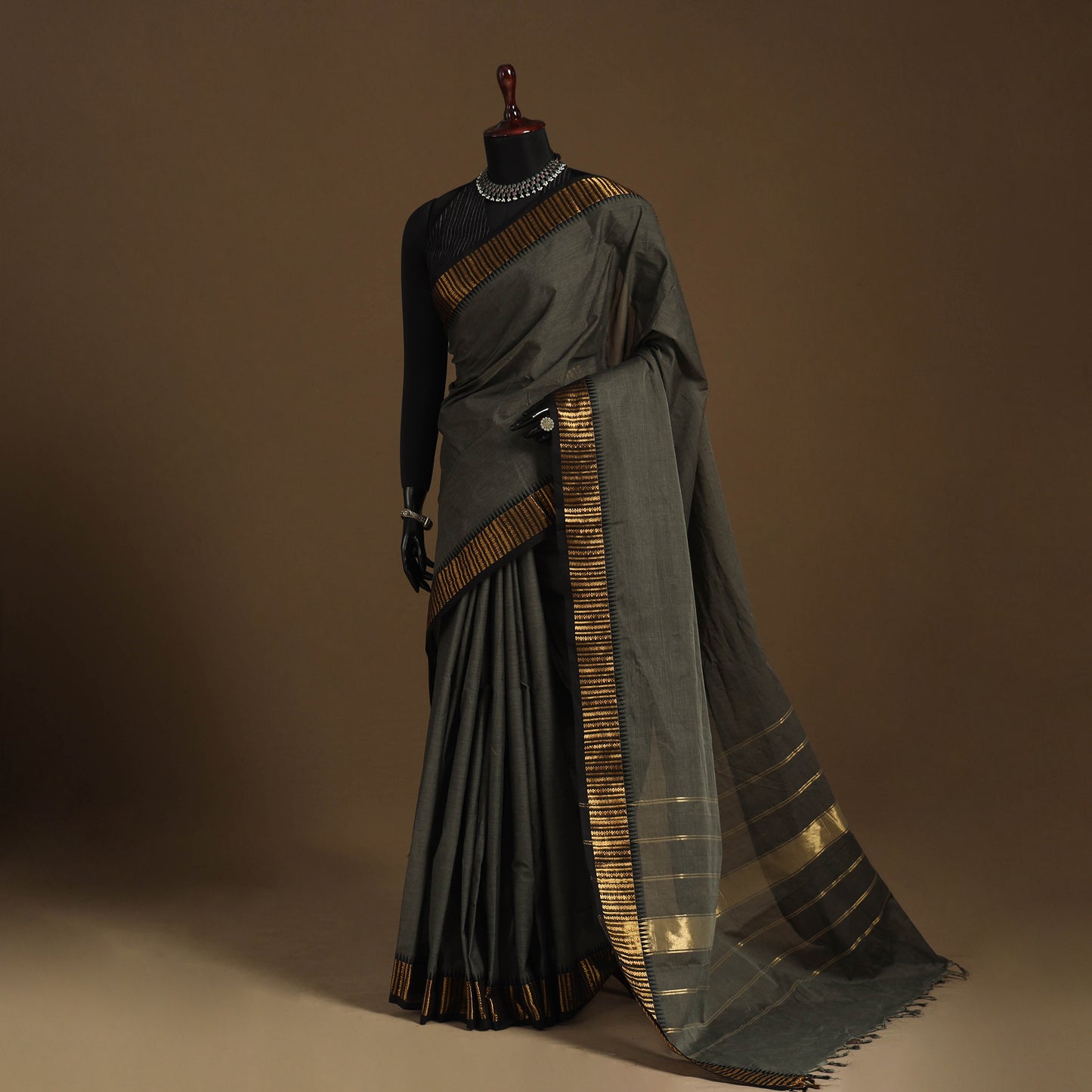 Grey Kandangi Chettinad Cotton Saree with Border