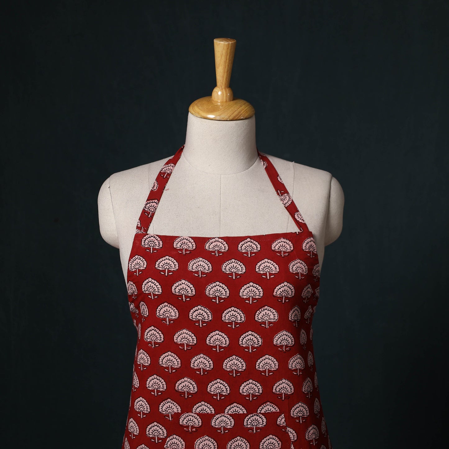 Red - Bagh Hand Block Print Cotton Apron with Pocket 15