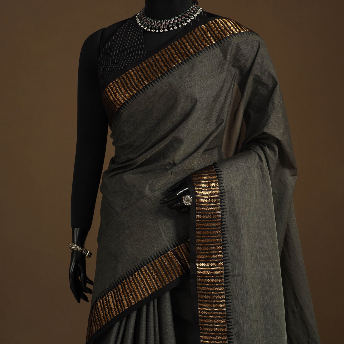 Grey Kandangi Chettinad Cotton Saree with Border