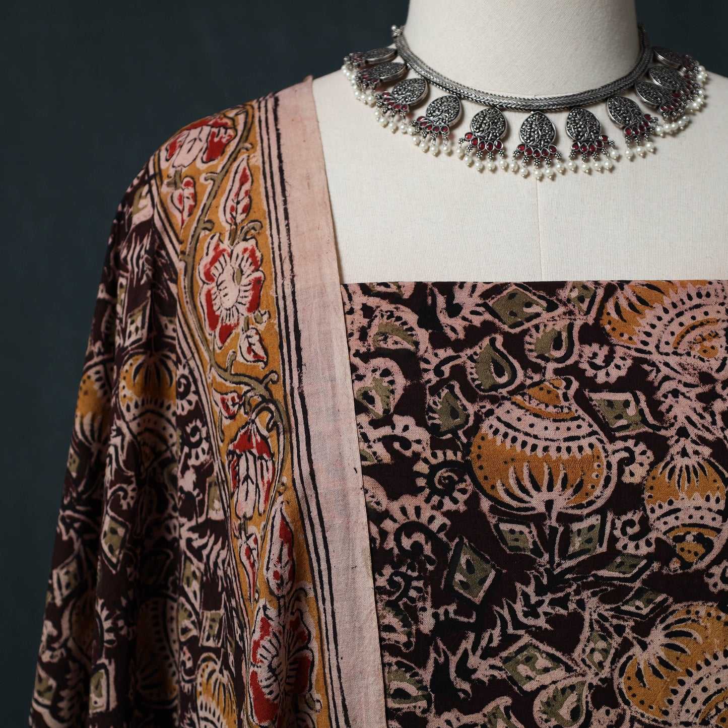 Pedana Hand Block Print Natural Dyed Cotton Kalamkari 2pc Unstitched Dress Material Kurta Set 19