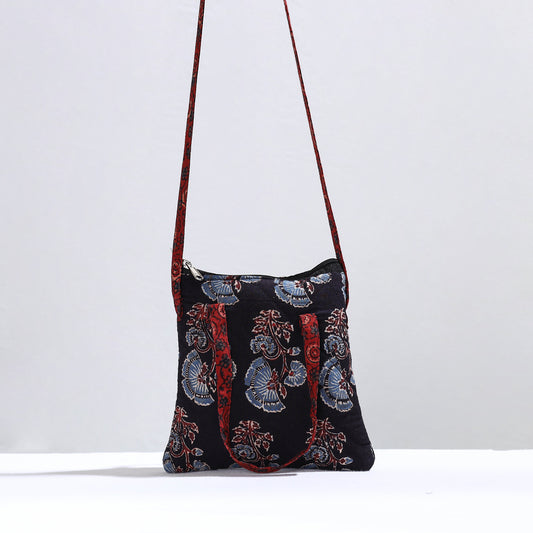 Black - Handmade Quilted Cotton Ajrakh Block Printed Sling Bag 02