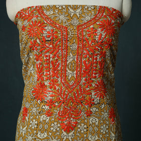 Lucknowi Chikankari Hand Embroidered Bagru Cotton Unstitched Kurta Material (2.5M) 02