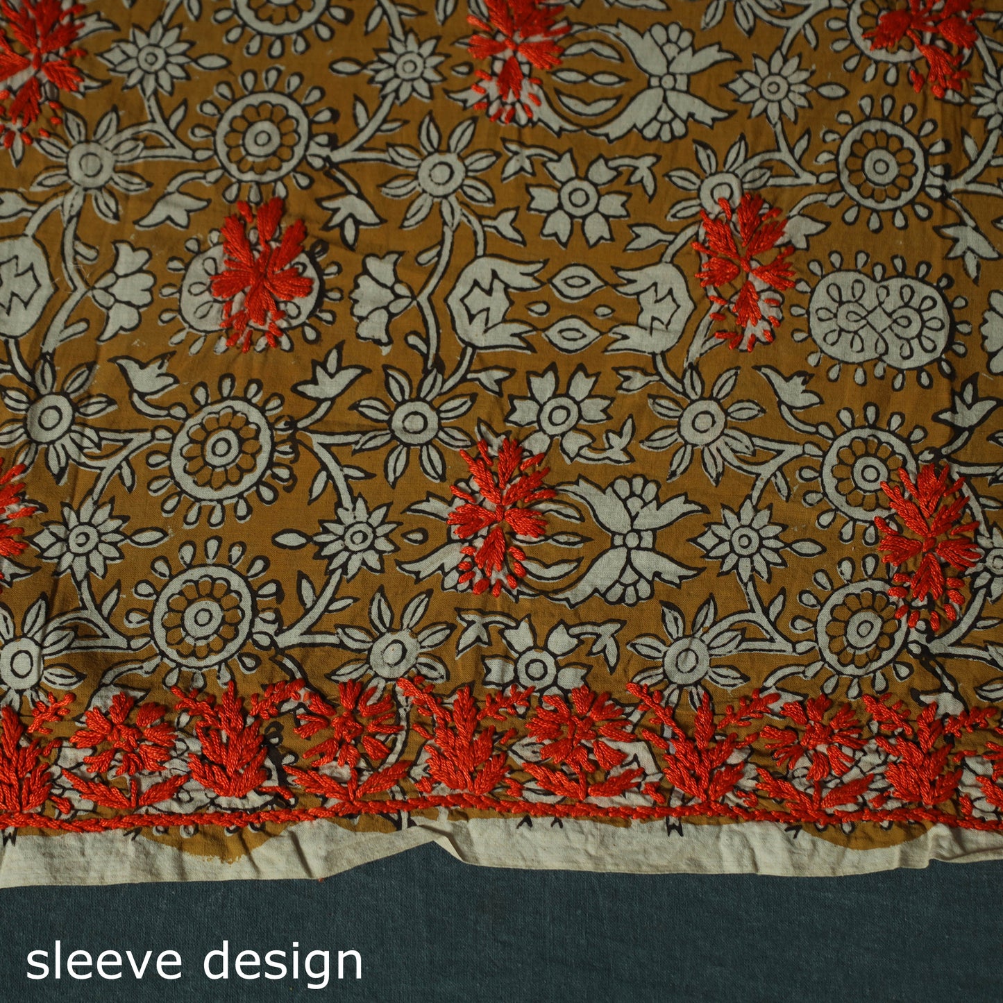 Lucknowi Chikankari Hand Embroidered Bagru Cotton Unstitched Kurta Material (2.5M) 02