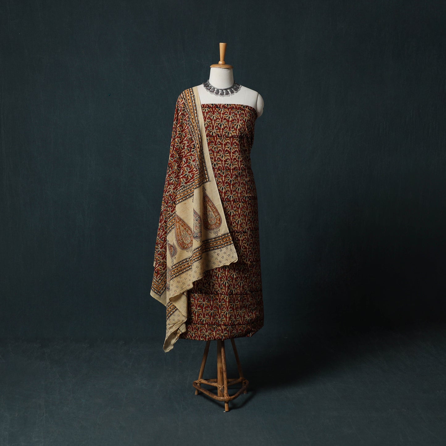 Pedana Hand Block Print Natural Dyed Cotton Kalamkari 2pc Unstitched Dress Material Kurta Set 01
