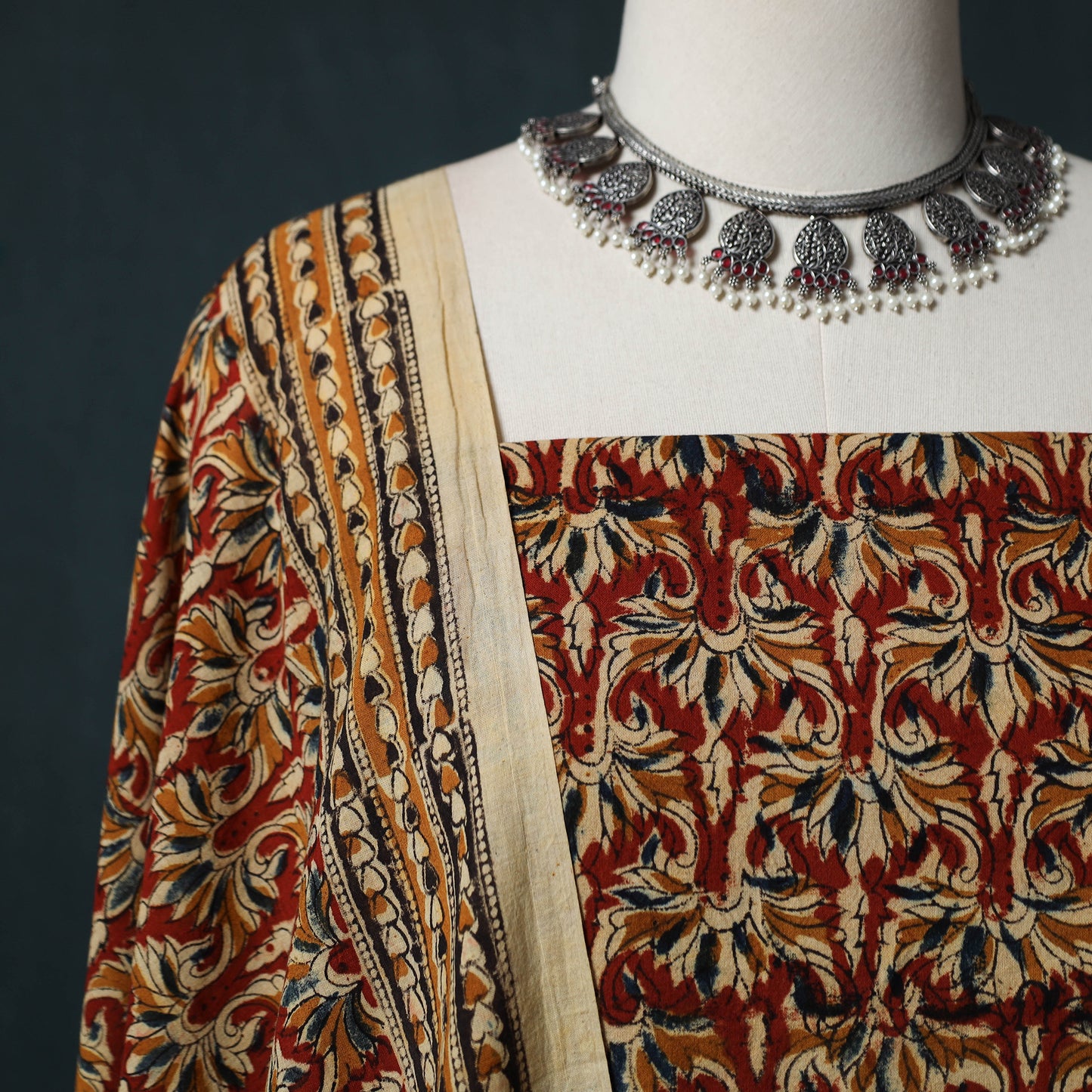 Pedana Hand Block Print Natural Dyed Cotton Kalamkari 2pc Unstitched Dress Material Kurta Set 01