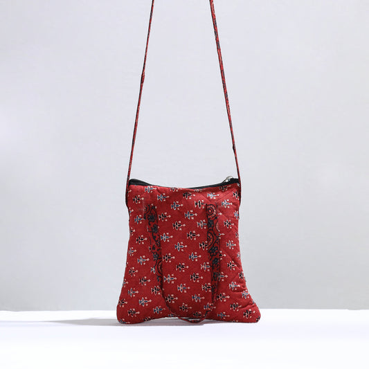 Red - Handmade Quilted Cotton Ajrakh Block Printed Sling Bag 04