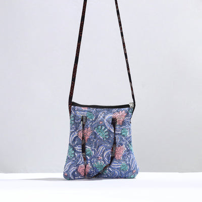 Blue - Handmade Quilted Cotton Sanganeri Block Printed Sling Bag 06