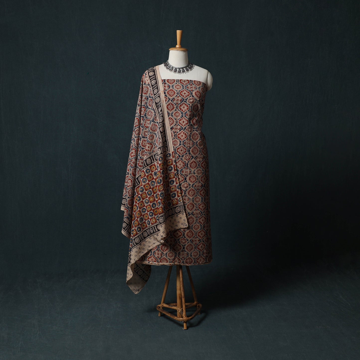 Pedana Hand Block Print Natural Dyed Cotton Kalamkari 2pc Unstitched Dress Material Kurta Set 03