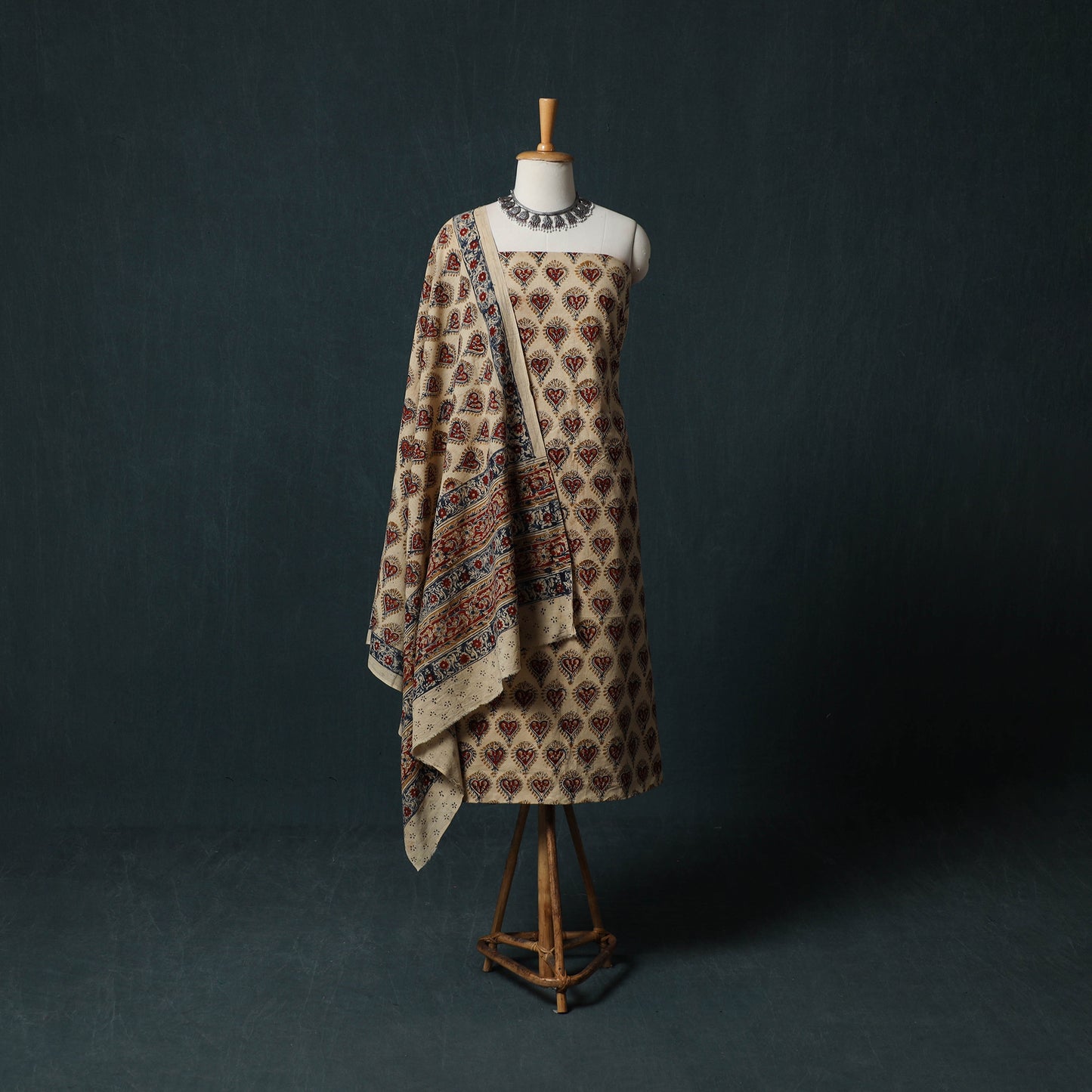 Pedana Hand Block Print Natural Dyed Cotton Kalamkari 2pc Unstitched Dress Material Kurta Set 05