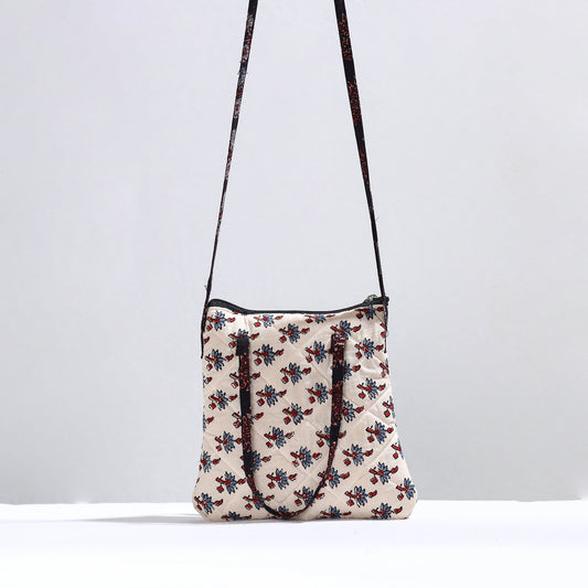 White - Handmade Quilted Cotton Ajrakh Block Printed Sling Bag 14