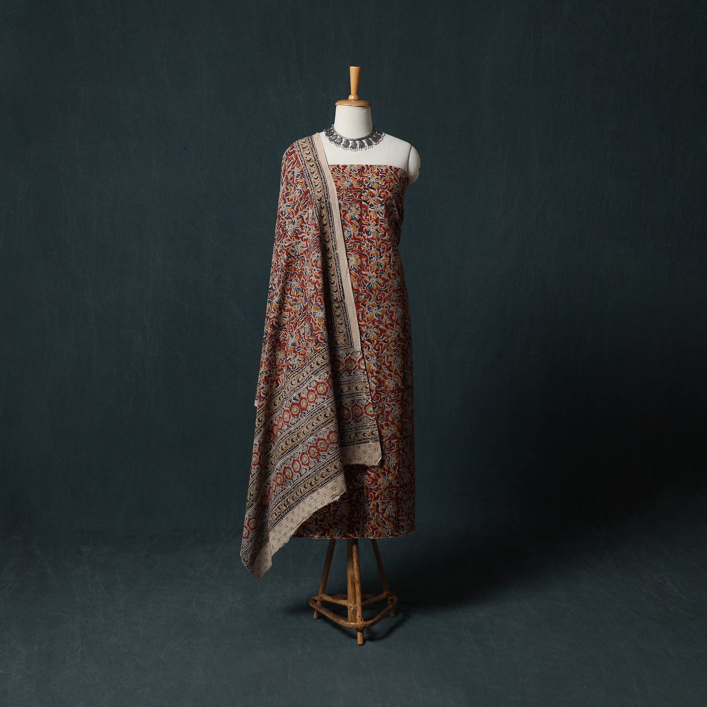 Pedana Hand Block Print Natural Dyed Cotton Kalamkari 2pc Unstitched Dress Material Kurta Set 07