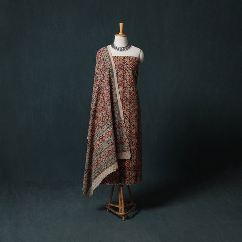 Red - Pedana Hand Block Print Natural Dyed Cotton Kalamkari 2pc Unstitched Dress Material Kurta Set 07