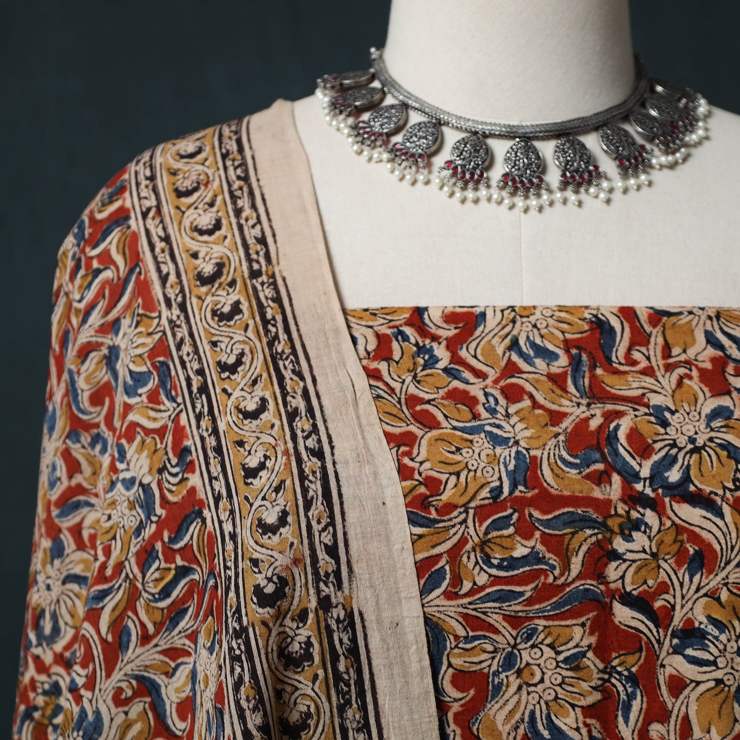 Pedana Hand Block Print Natural Dyed Cotton Kalamkari 2pc Unstitched Dress Material Kurta Set 07