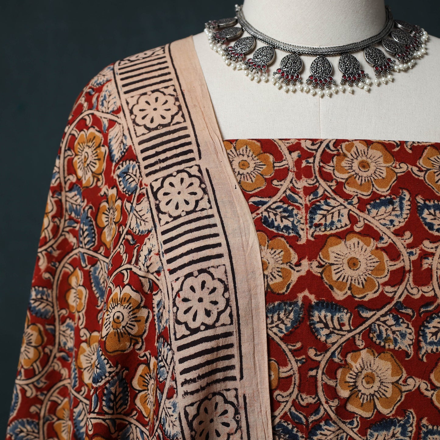 Pedana Hand Block Print Natural Dyed Cotton Kalamkari 2pc Unstitched Dress Material Kurta Set 09