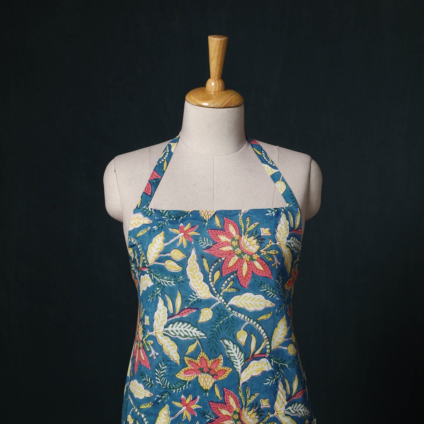 Blue - Sanganeri Hand Block Print Cotton Apron with Pocket 32