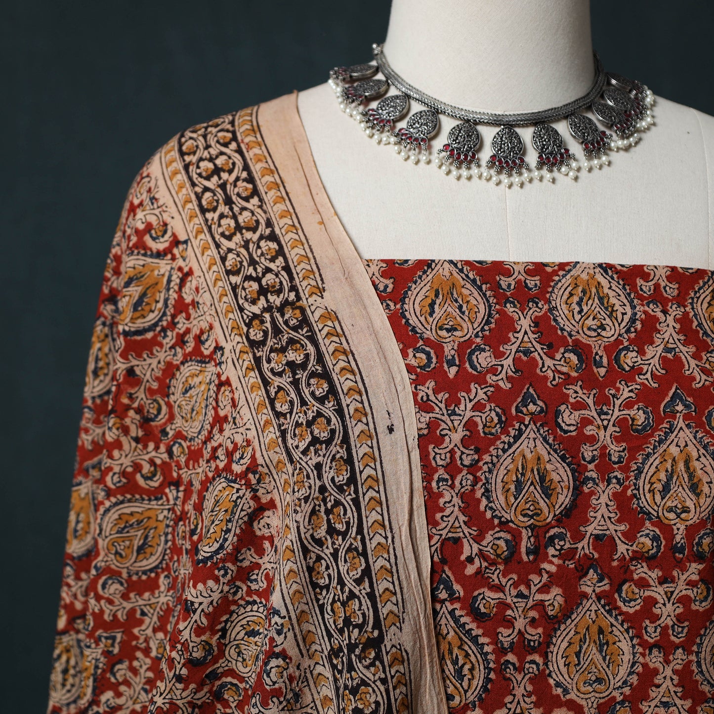 Pedana Hand Block Print Natural Dyed Cotton Kalamkari 2pc Unstitched Dress Material Kurta Set 10