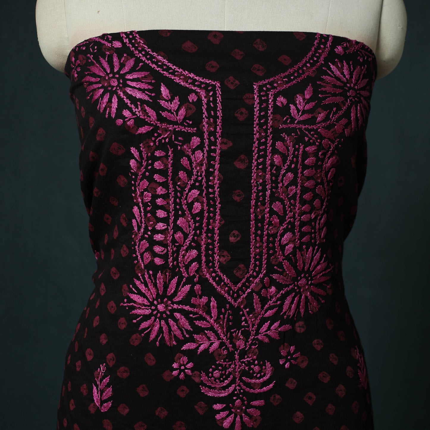 Lucknowi Chikankari Hand Embroidered Bandhani Cotton Unstitched Kurta Material (2.5M) 11