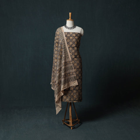 Black - Pedana Hand Block Print Natural Dyed Cotton Kalamkari 2pc Unstitched Dress Material Kurta Set 11