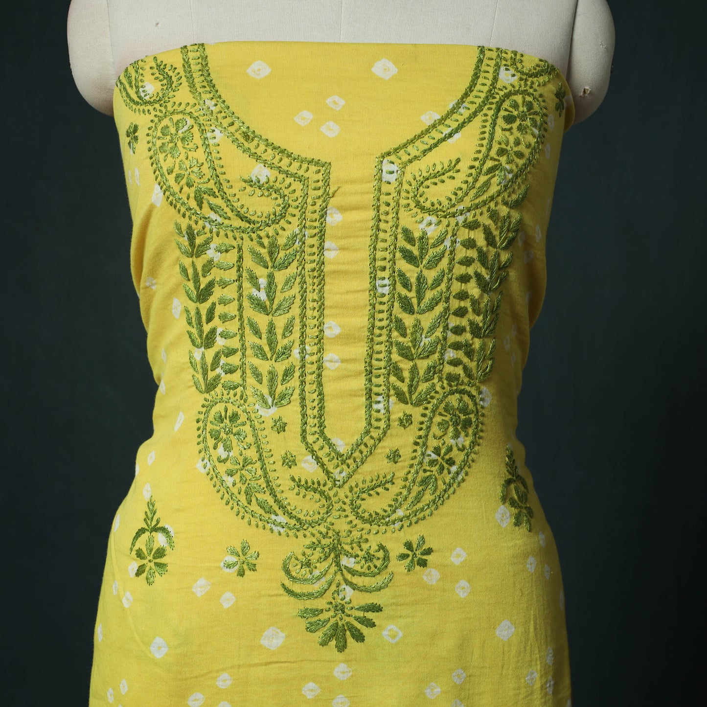 Lucknowi Chikankari Hand Embroidered Bandhani Cotton Unstitched Kurta Material (2.5M) 12