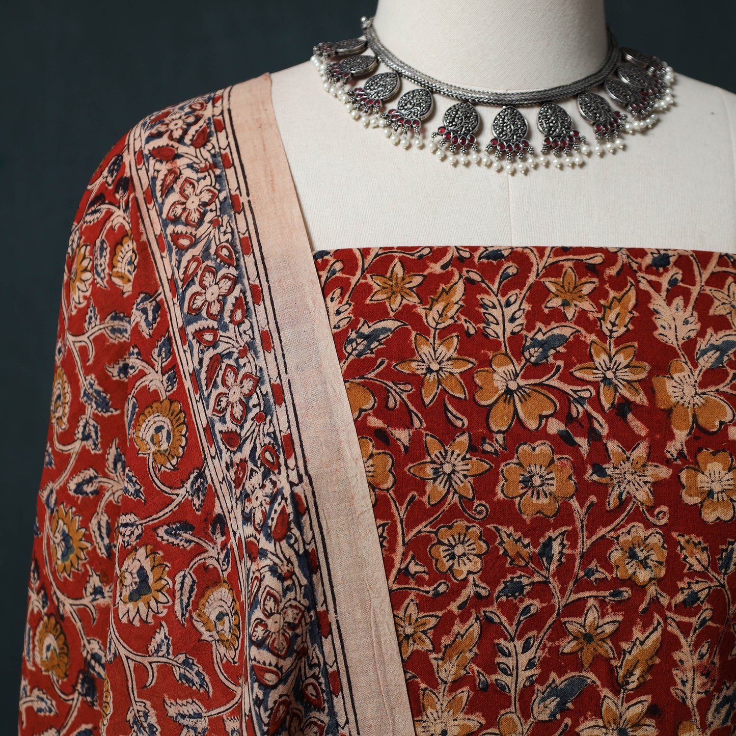 Pedana Hand Block Print Natural Dyed Cotton Kalamkari 2pc Unstitched Dress Material Kurta Set 12