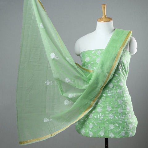 Green - 3pc Kota Doria Cotton Embroidered Suit Material Set 09