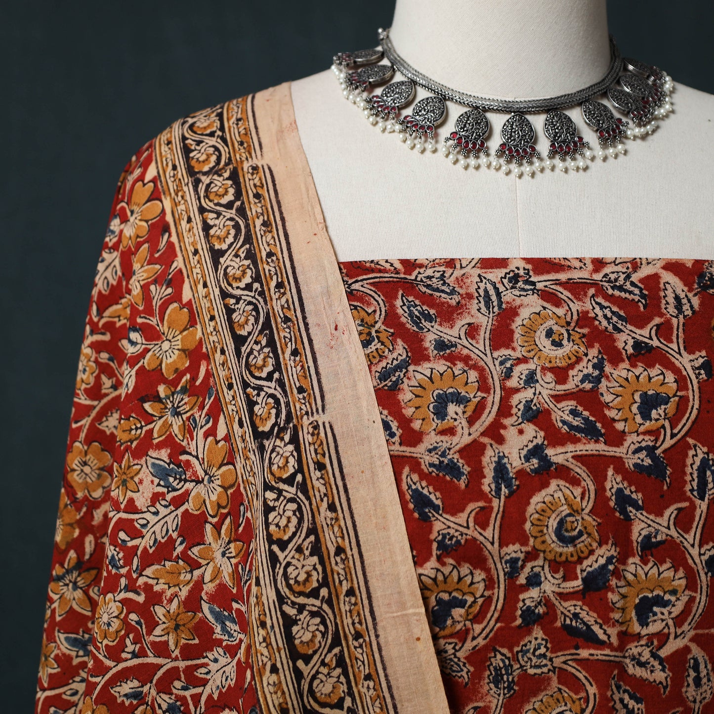 Pedana Hand Block Print Natural Dyed Cotton Kalamkari 2pc Unstitched Dress Material Kurta Set 13