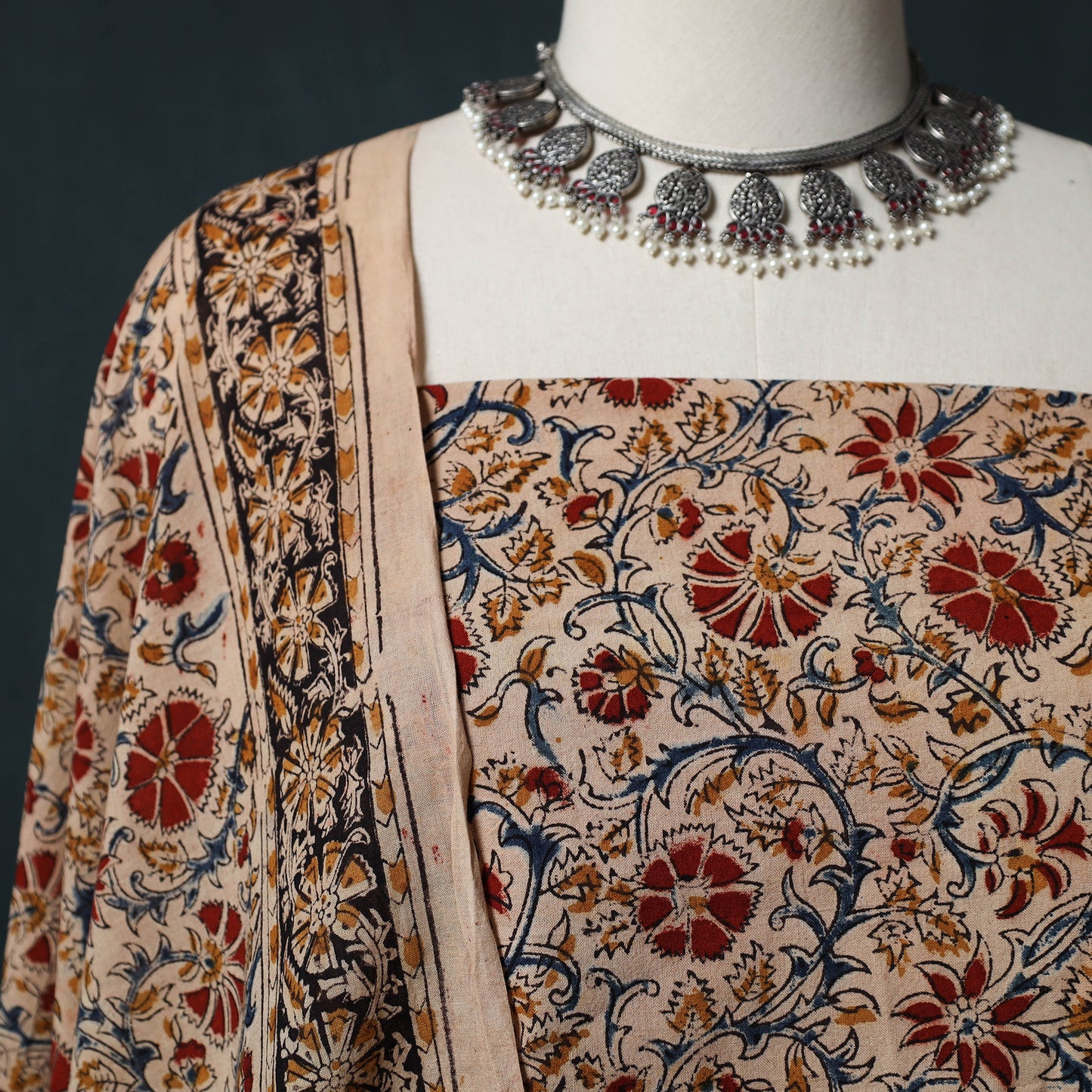 Pedana Hand Block Print Natural Dyed Cotton Kalamkari 2pc Unstitched Dress Material Kurta Set 14