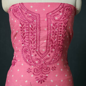 Lucknowi Chikankari Hand Embroidered Bandhani Cotton Unstitched Kurta Material (2.5M) 15