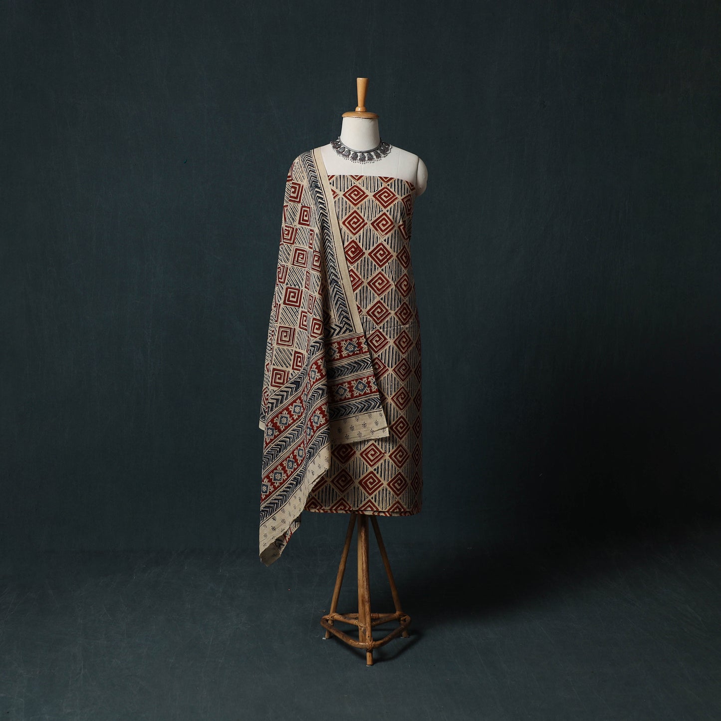Pedana Hand Block Print Natural Dyed Cotton Kalamkari 2pc Unstitched Dress Material Kurta Set 17