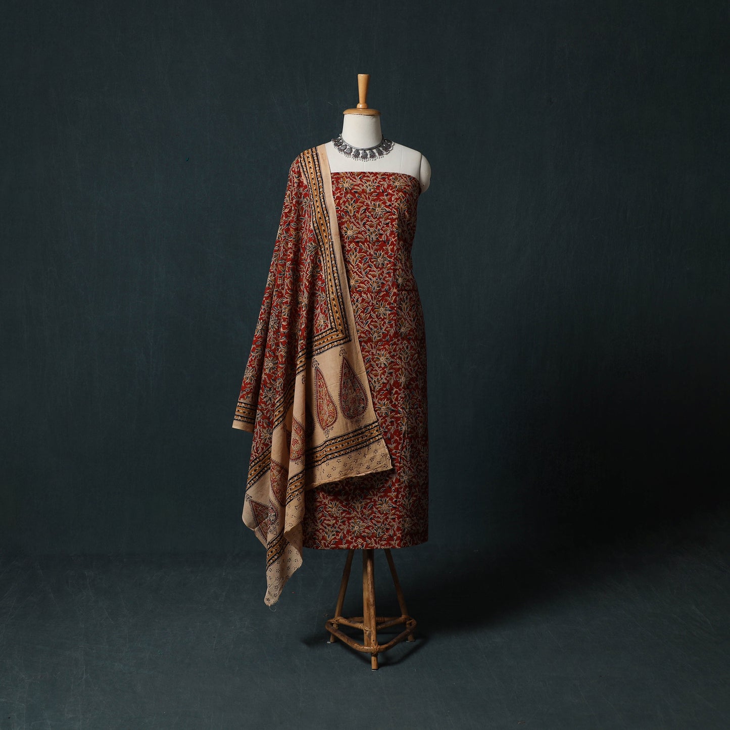 Pedana Hand Block Print Natural Dyed Cotton Kalamkari 2pc Unstitched Dress Material Kurta Set 18