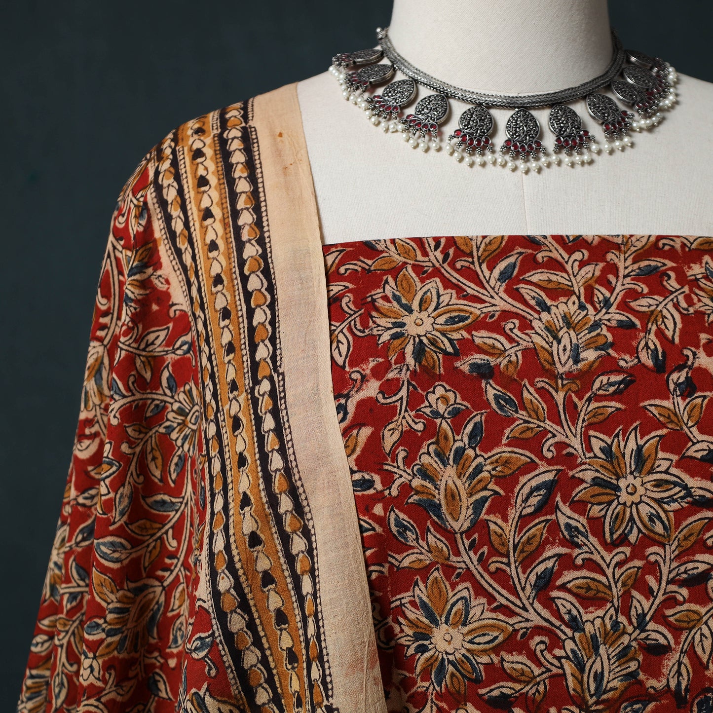 Pedana Hand Block Print Natural Dyed Cotton Kalamkari 2pc Unstitched Dress Material Kurta Set 18