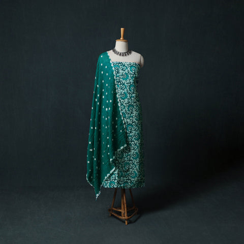 Green - Hand Block Batik Print Cotton 2pc Unstitched Dress Material Kurta Set 03