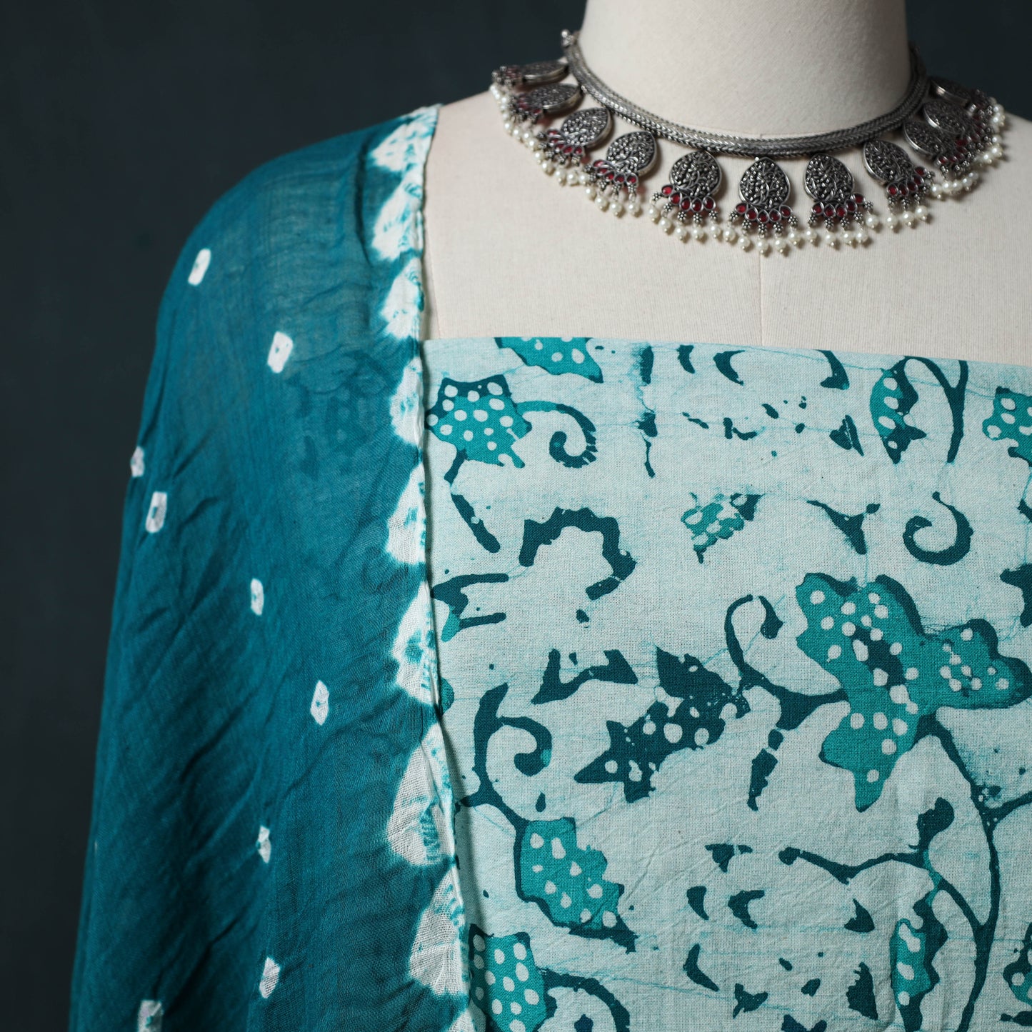 Hand Block Batik Print Cotton 2pc Unstitched Dress Material Kurta Set 04